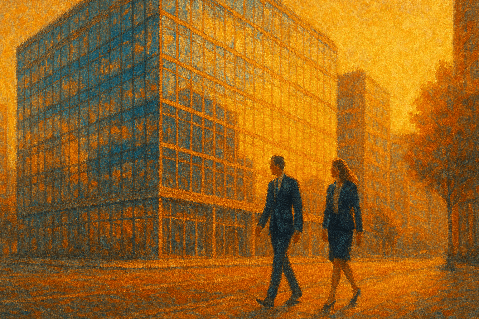 Painting of a company building made of glass and 2 employees walking down the street.