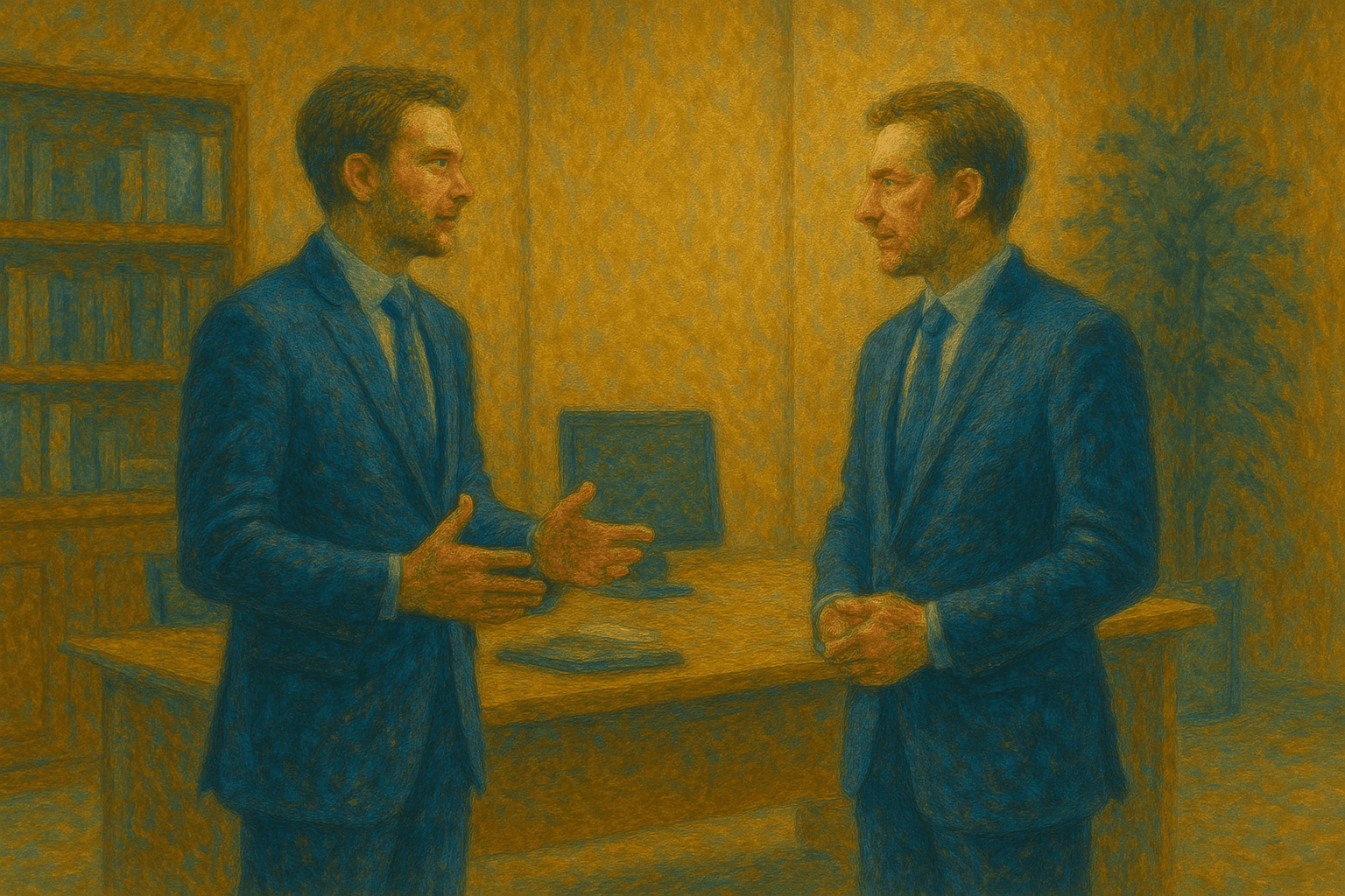 geschilderde foto van 2 collega's die samen aan het praten zijn