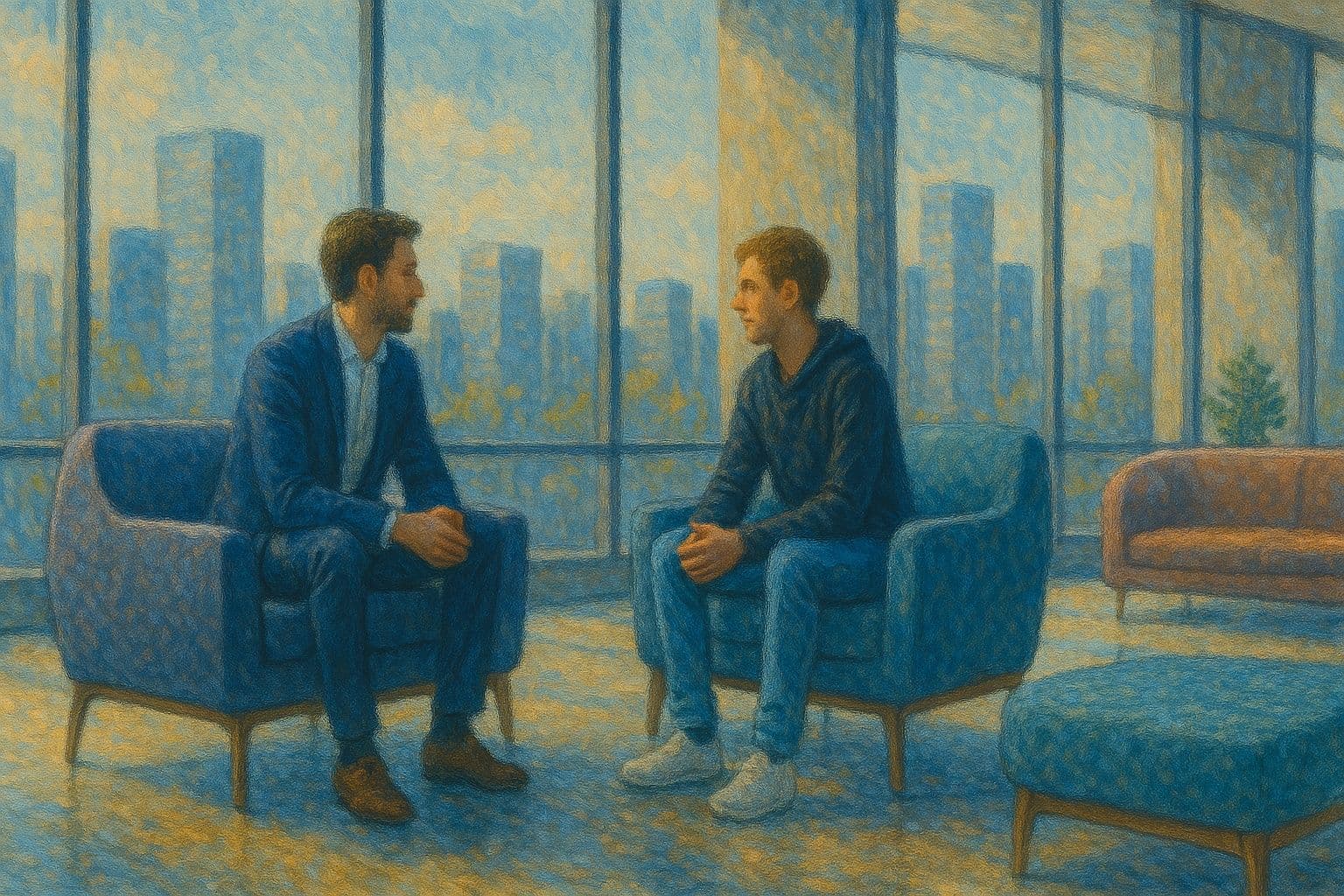 Art style image of 2 people talking in a business setting
