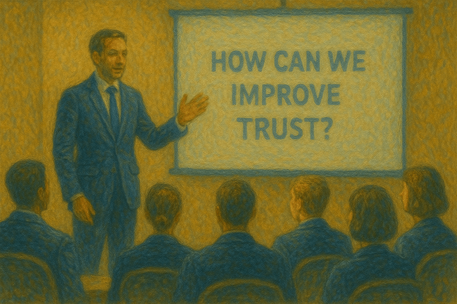 A art style image of business people talking about how can we improve trust